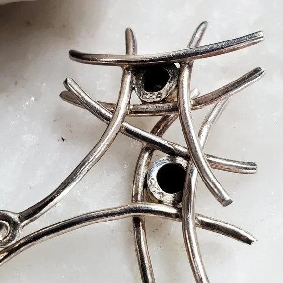 Sterling Silver 925 Earrings Natural Black Onyx Abstract Designer